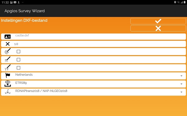 Apglos Survey Wizard, DXF instellingen