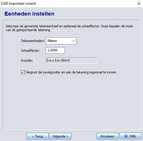 Schaalinstellingen van te importeren DXF-3D TUIN Designer