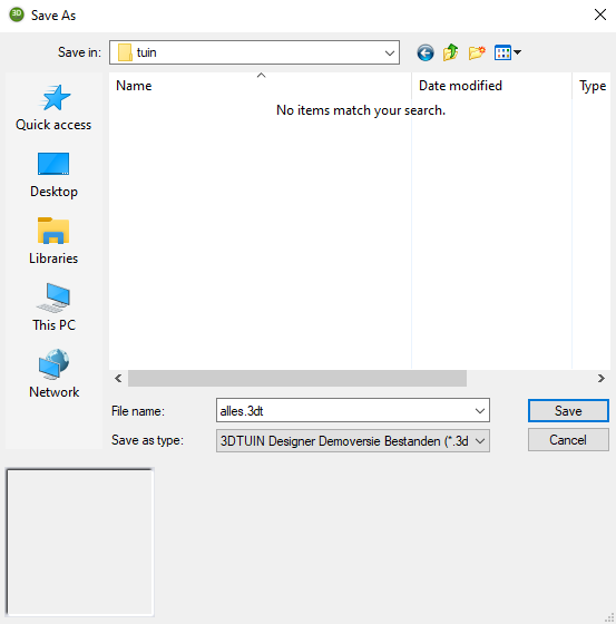Opslaan scherm van 3D TUIN Designer