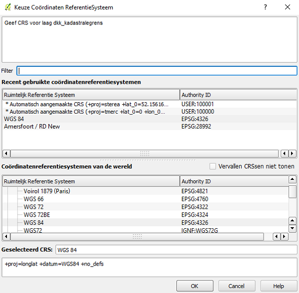 QGIS keuze van coördinatensysteem